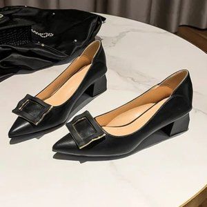 Fang buckle thick heels feminine tip of Fan Jianzhong